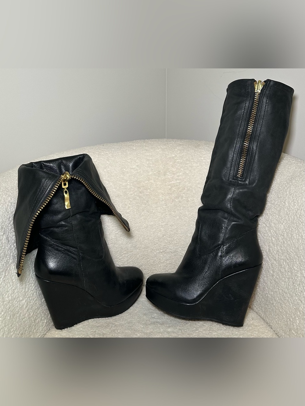 Steven MARYN Leather Black Convertible Tall Wedge Boots Gold Zip Boho Moto Y2K 6